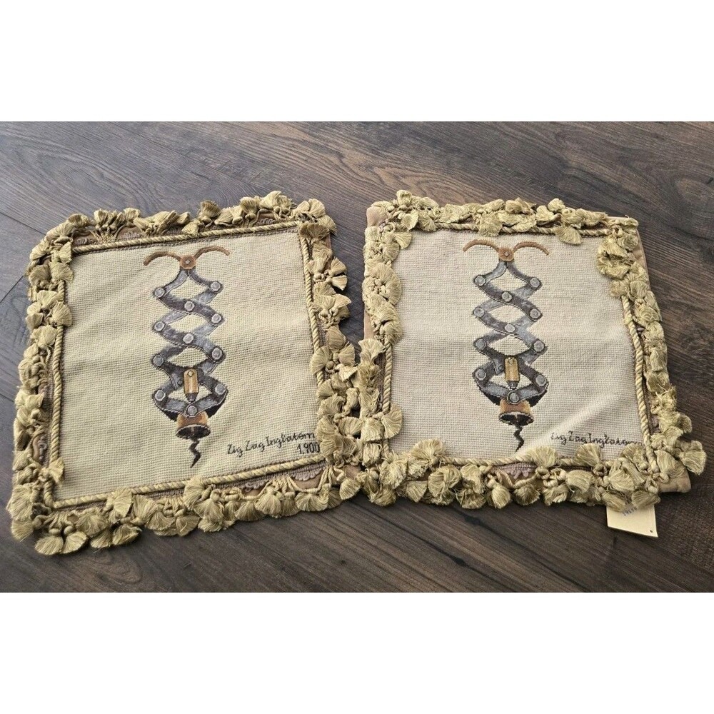 Pair HKH Wool Needlepoint Pillow Covers 14x14 New Vintage French Corkscrew Wine